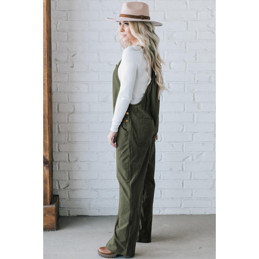 Jungle Green Button Adjustable Straps Solid Color Corduroy Jumpsuit Jungle Green / S / 100% Polyester Bottoms/Jumpsuits & Rompers