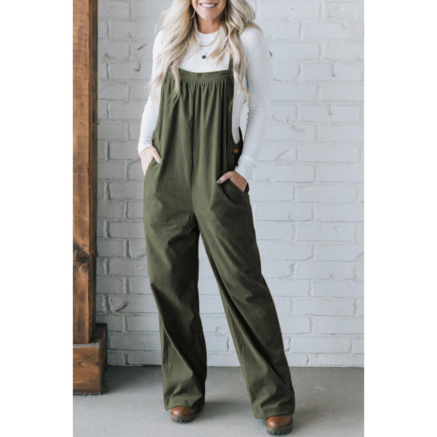 Jungle Green Button Adjustable Straps Solid Color Corduroy Jumpsuit Jungle Green / S / 100% Polyester Bottoms/Jumpsuits & Rompers