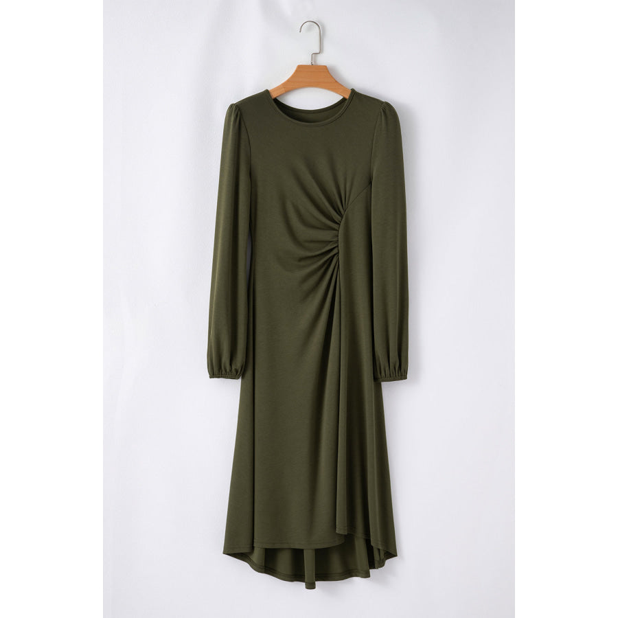 Jungle Green Solid Color Ruched Detail Long Sleeve Midi Dress Dresses/Midi Dresses