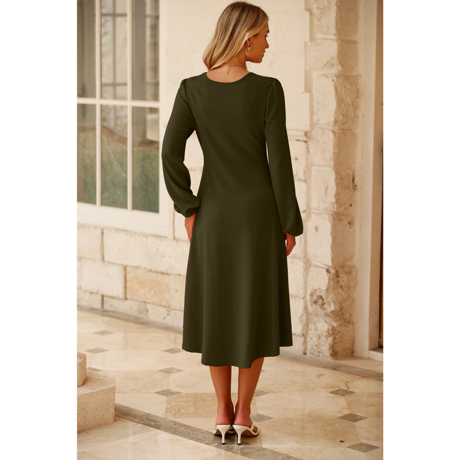 Jungle Green Solid Color Ruched Detail Long Sleeve Midi Dress Dresses/Midi Dresses