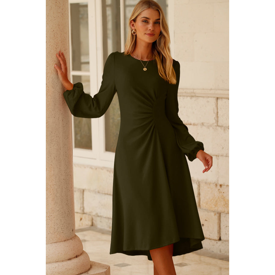 Jungle Green Solid Color Ruched Detail Long Sleeve Midi Dress Dresses/Midi Dresses