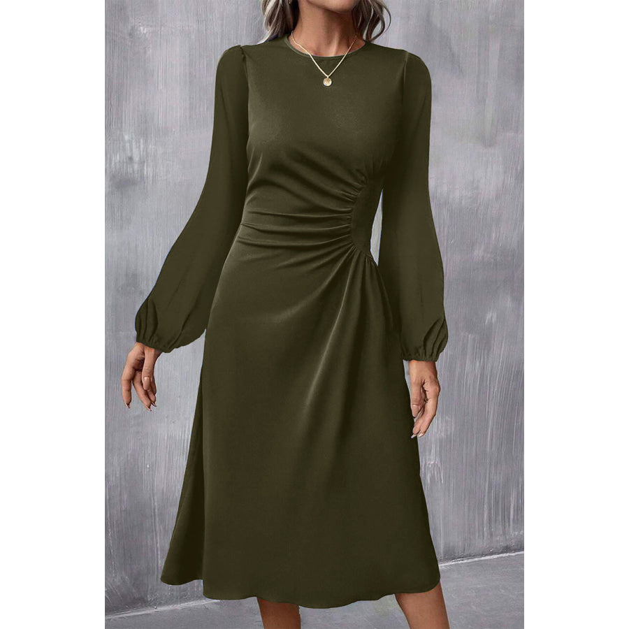 Jungle Green Solid Color Ruched Detail Long Sleeve Midi Dress Dresses/Midi Dresses