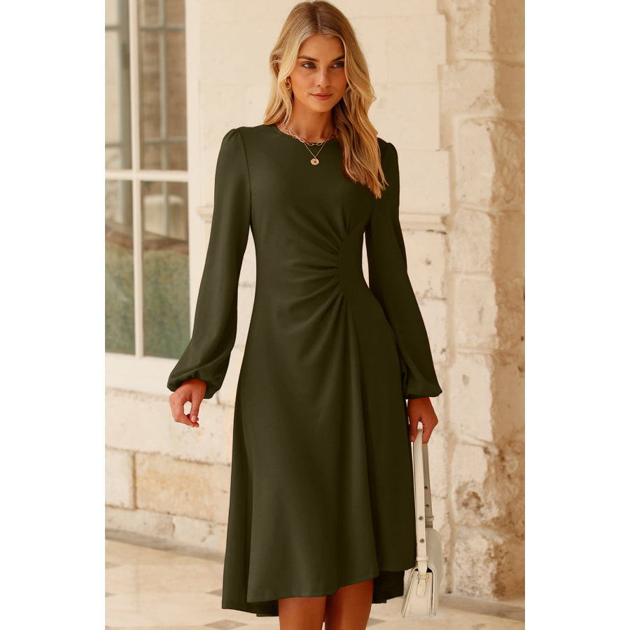 Jungle Green Solid Color Ruched Detail Long Sleeve Midi Dress Dresses/Midi Dresses