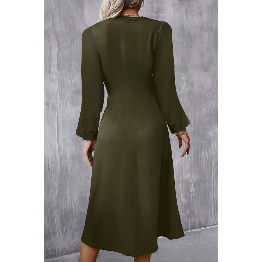Jungle Green Solid Color Ruched Detail Long Sleeve Midi Dress Dresses/Midi Dresses
