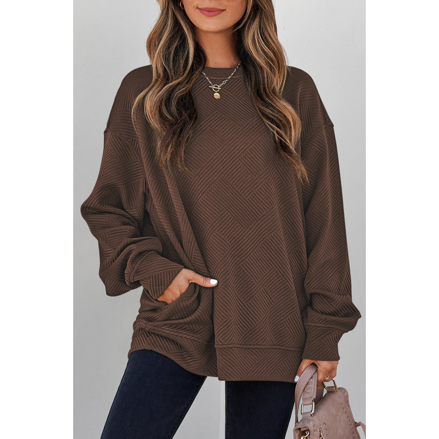 Jungle Green Solid Color Textured Round Neck Drop Shoulder Pullover Sweatshirt Coffee / S / 97% Polyester + 3% Elastane Tops/Sweatshirts &