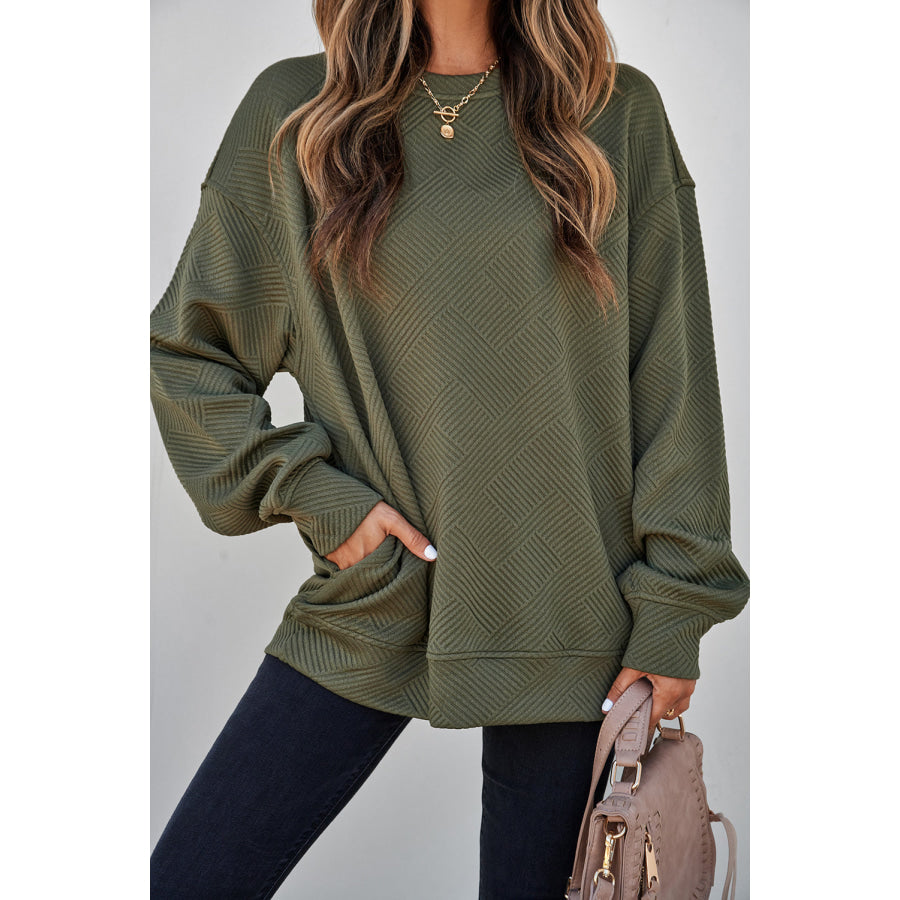 Jungle Green Solid Color Textured Round Neck Drop Shoulder Pullover Sweatshirt Jungle Green / S / 97% Polyester + 3% Elastane