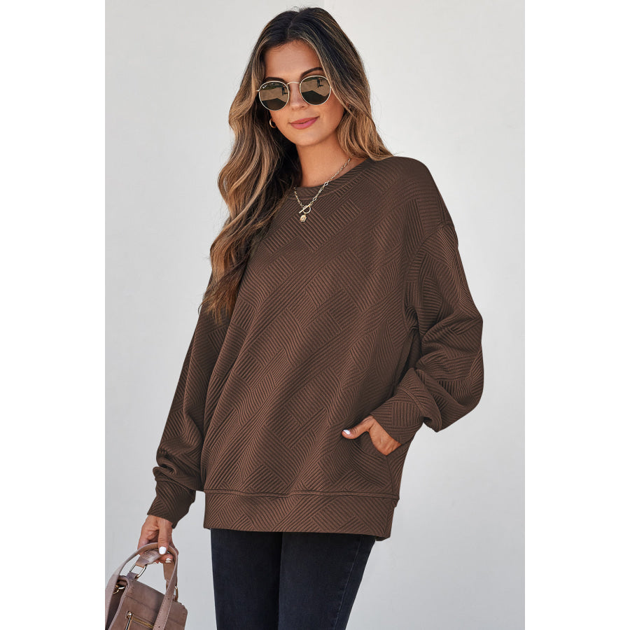 Jungle Green Solid Color Textured Round Neck Drop Shoulder Pullover Sweatshirt Tops/Sweatshirts & Hoodies