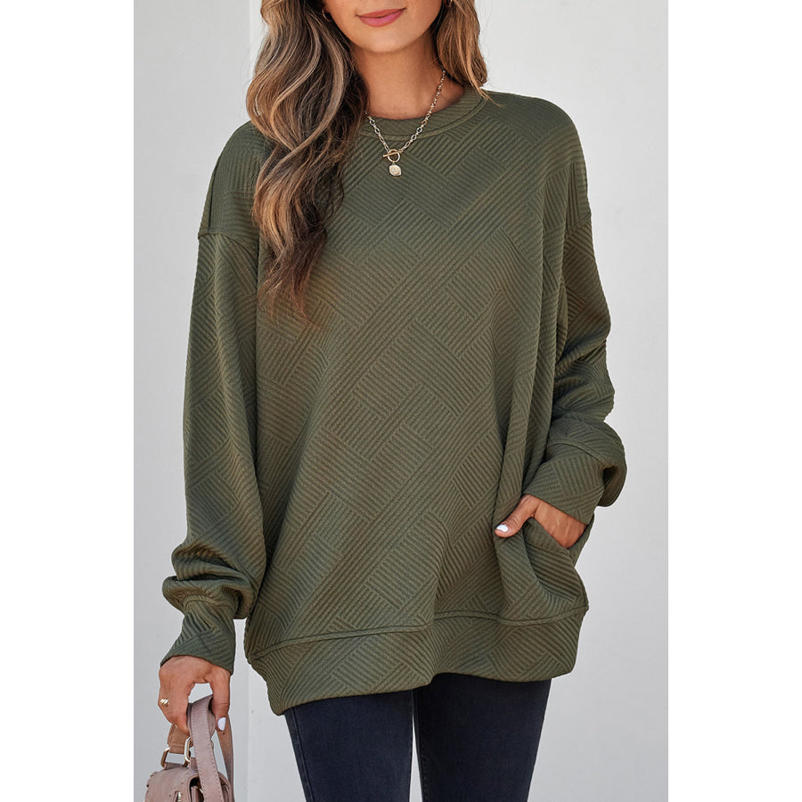 Jungle Green Solid Color Textured Round Neck Drop Shoulder Pullover Sweatshirt Jungle Green / S / 97% Polyester + 3% Elastane