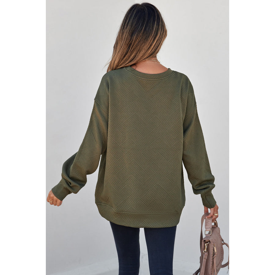 Jungle Green Solid Color Textured Round Neck Drop Shoulder Pullover Sweatshirt Tops/Sweatshirts & Hoodies