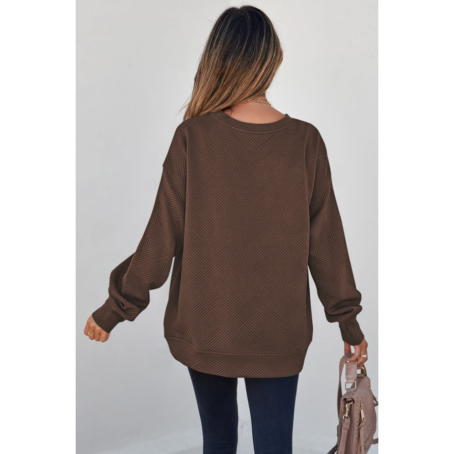 Jungle Green Solid Color Textured Round Neck Drop Shoulder Pullover Sweatshirt Tops/Sweatshirts & Hoodies