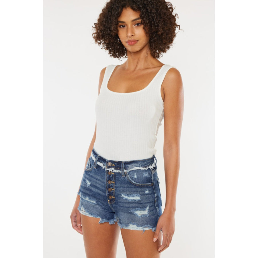 Kancan Distressed Button Fly Denim Shorts Apparel and Accessories