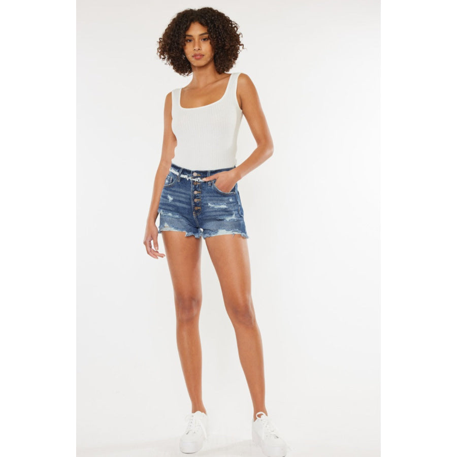 Kancan Distressed Button Fly Denim Shorts Apparel and Accessories