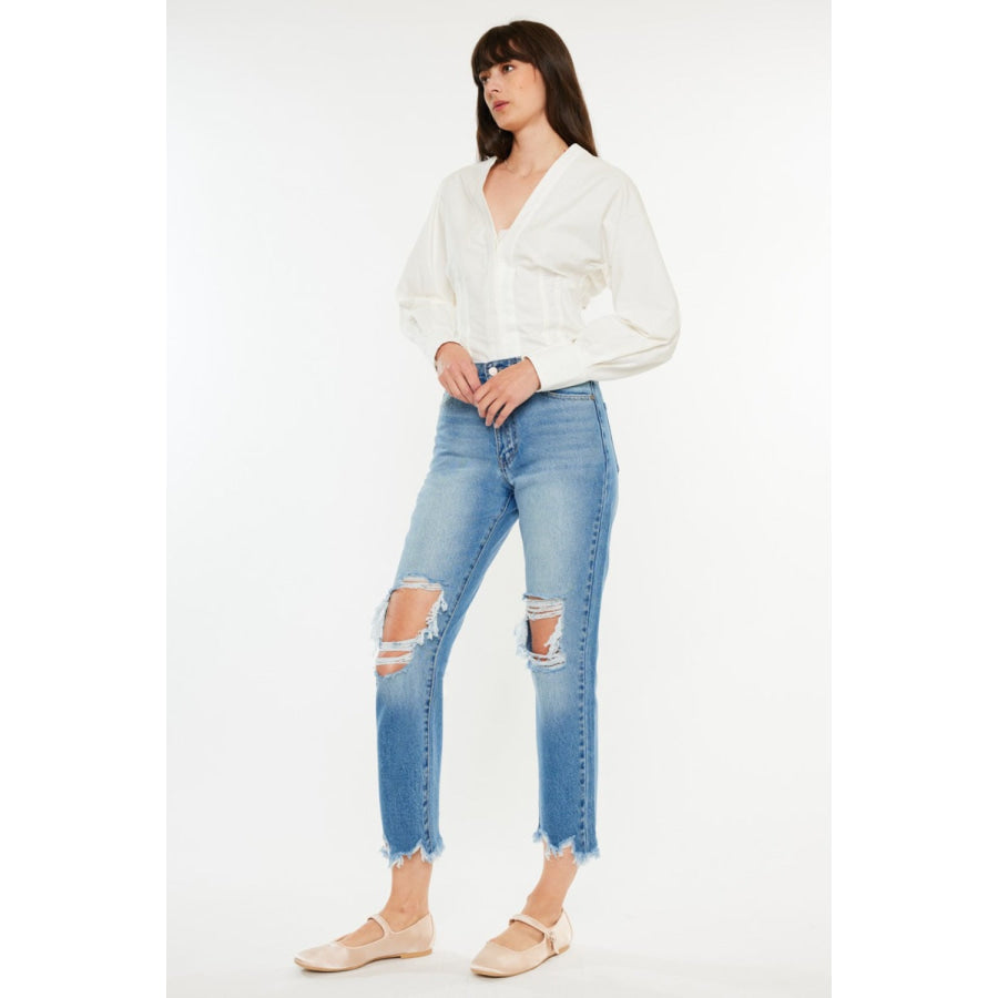 Kancan Distressed Frayed Hem Cropped Jeans Apparel and Accessories