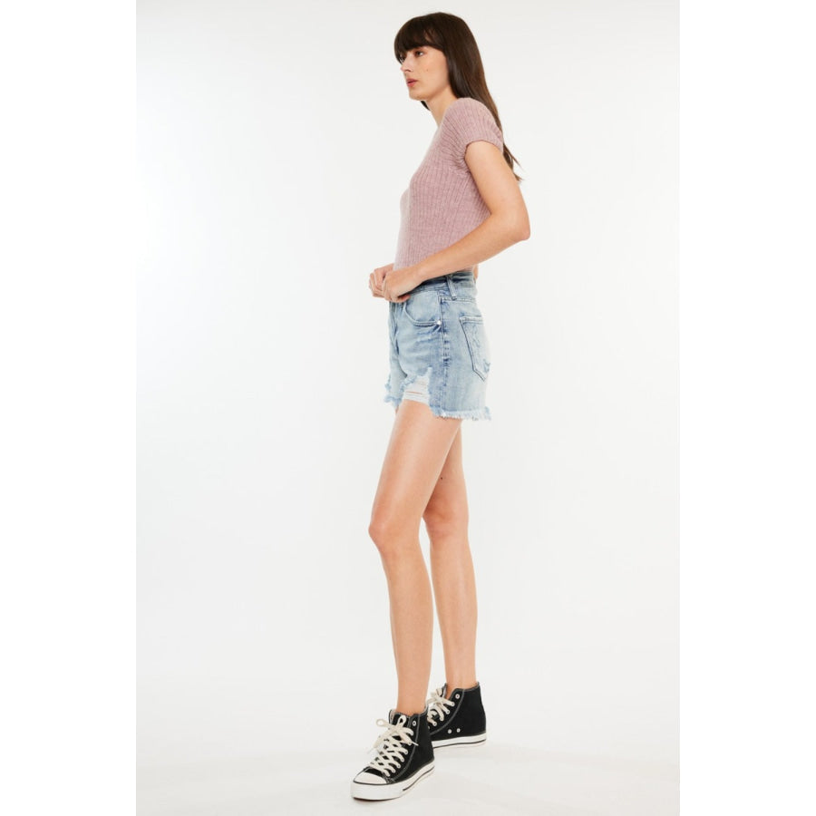 Kancan Distressed High Waist Denim Shorts with Pockets Apparel and Accessories