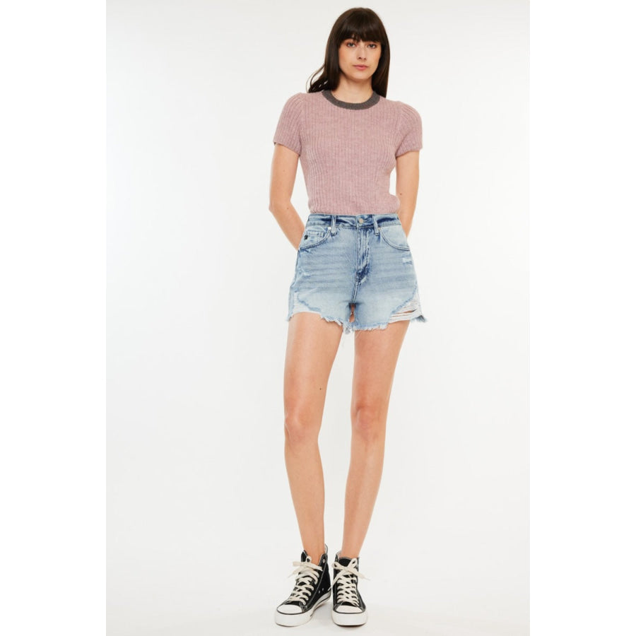 Kancan Distressed High Waist Denim Shorts with Pockets Apparel and Accessories