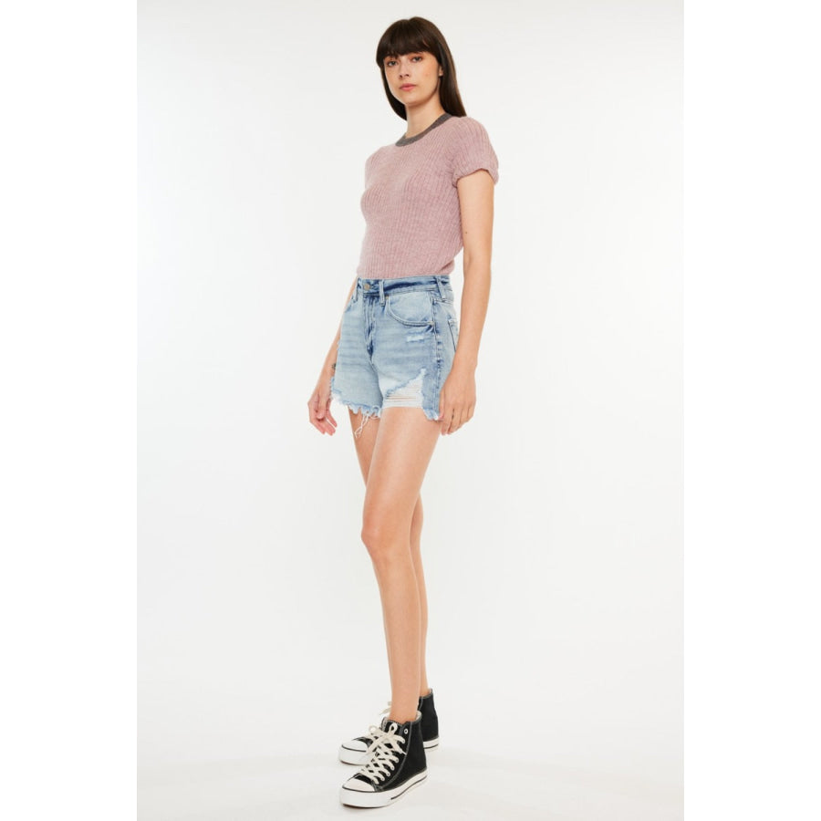 Kancan Distressed High Waist Denim Shorts with Pockets Apparel and Accessories