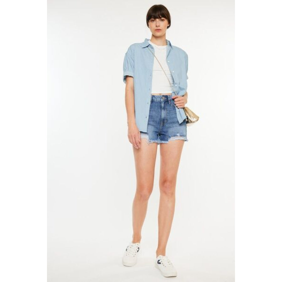 Kancan Distressed Raw Hem High Waist Denim Shorts Apparel and Accessories