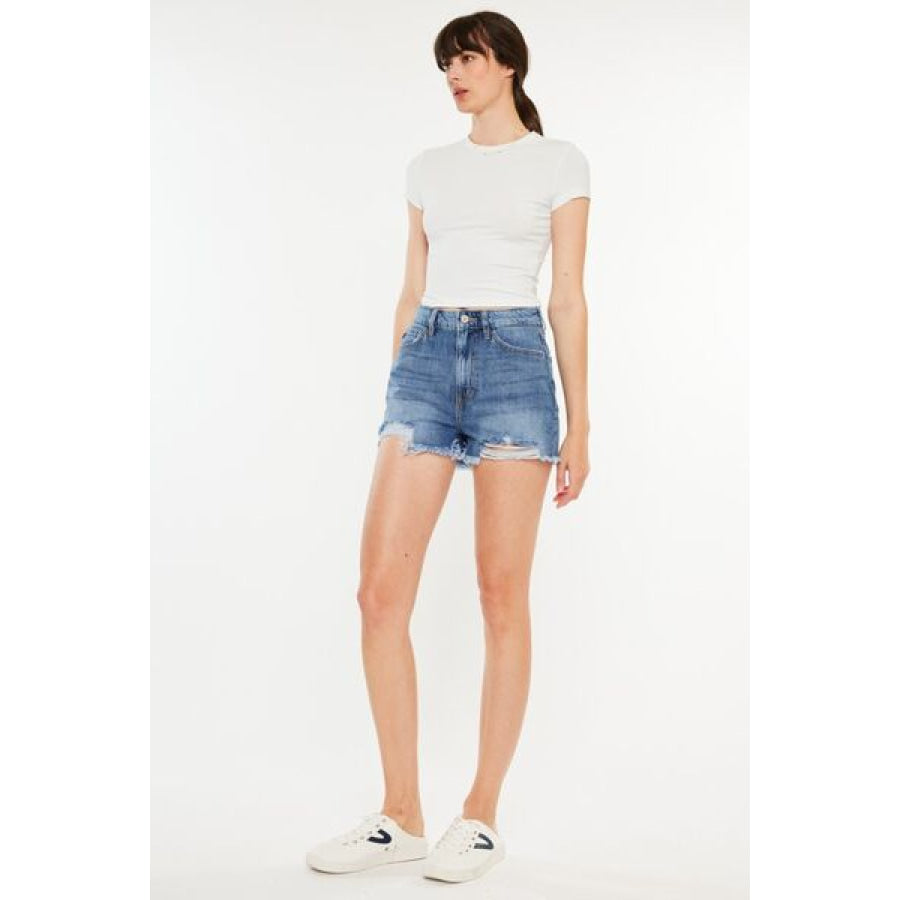 Kancan Distressed Raw Hem High Waist Denim Shorts Apparel and Accessories