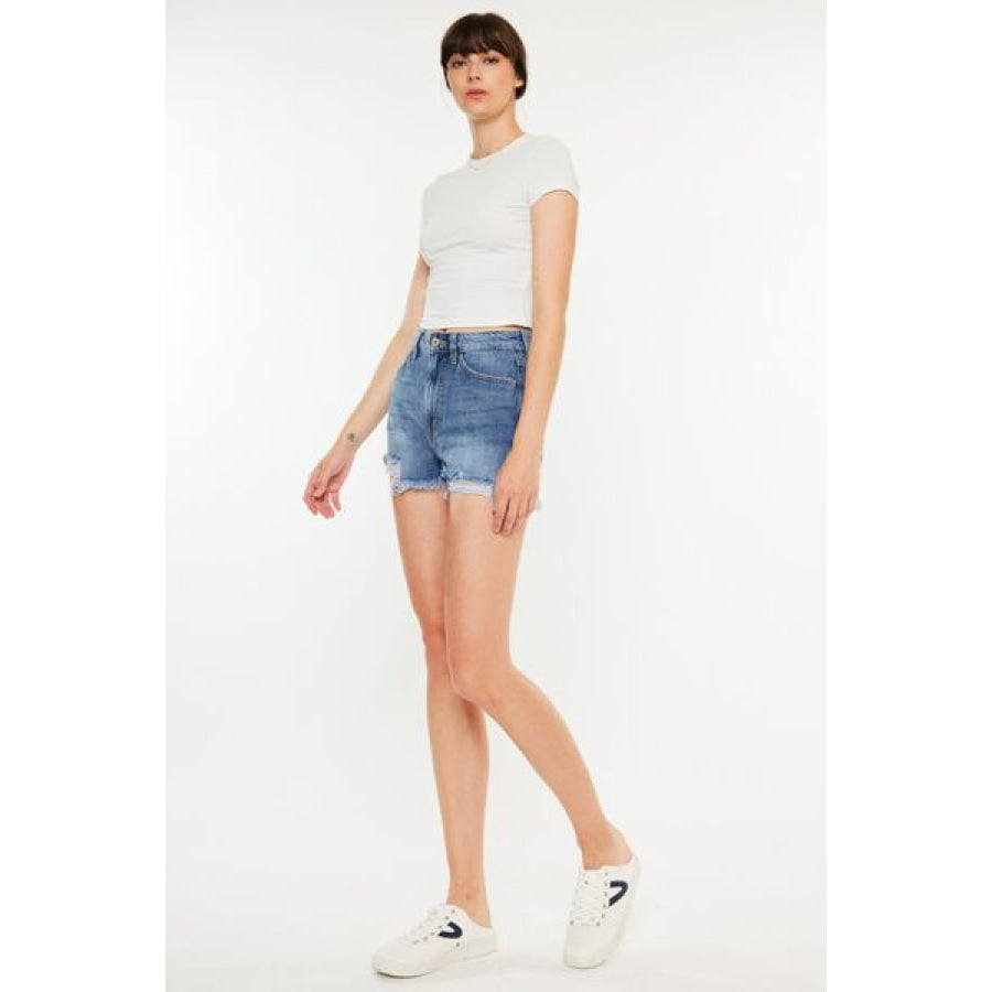 Kancan Distressed Raw Hem High Waist Denim Shorts Apparel and Accessories