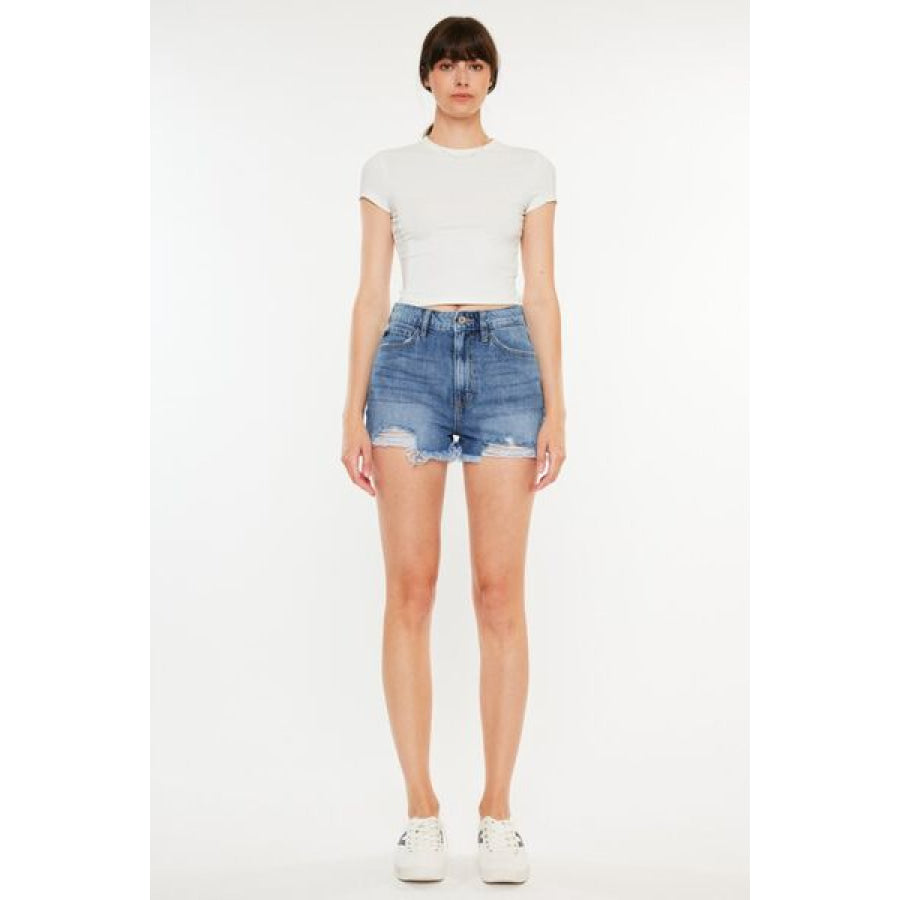 Kancan Distressed Raw Hem High Waist Denim Shorts Apparel and Accessories