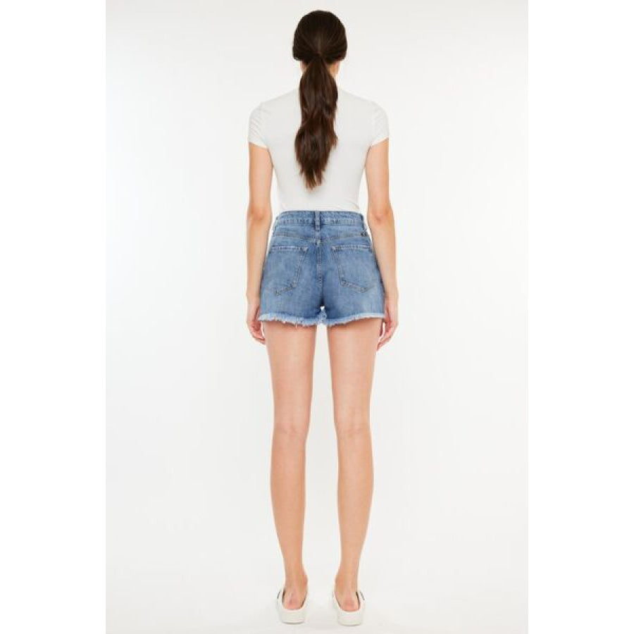 Kancan Distressed Raw Hem High Waist Denim Shorts Apparel and Accessories