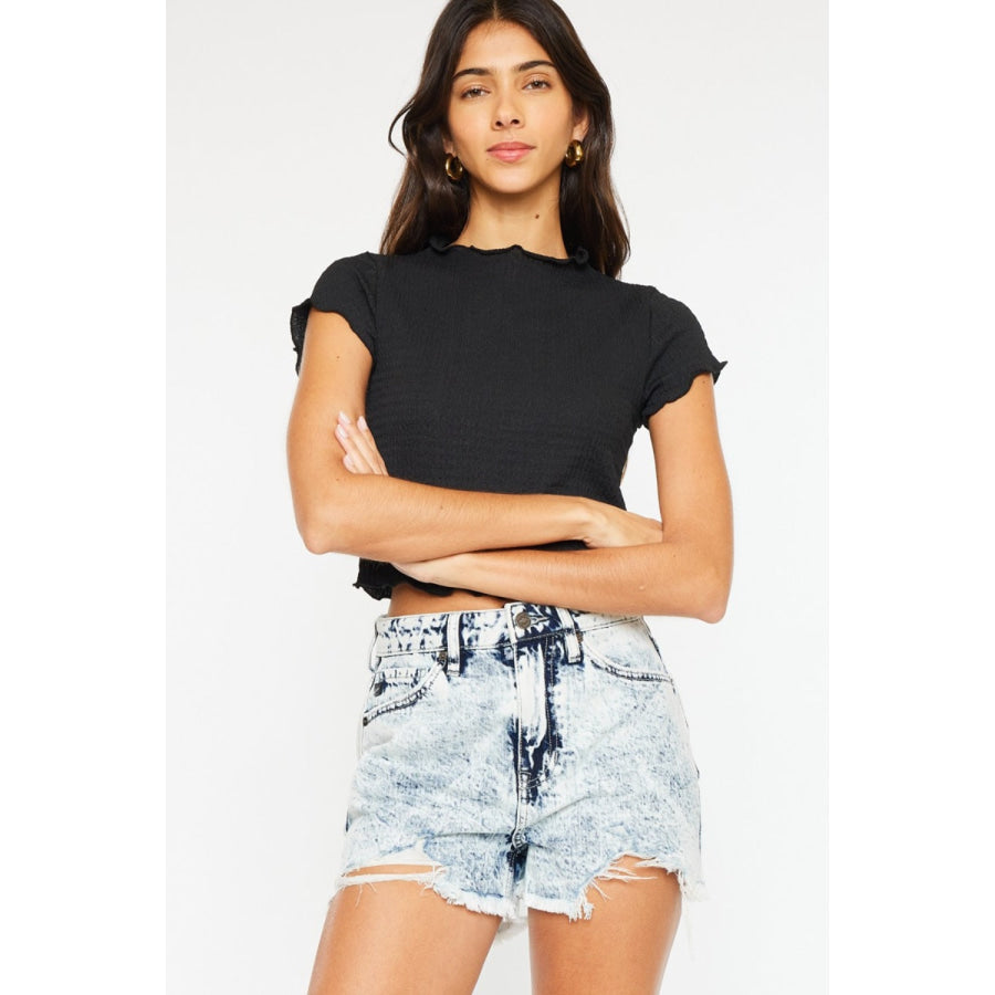 Kancan Full Size Distressed High Waist Denim Shorts Acid / Apparel and Accessories