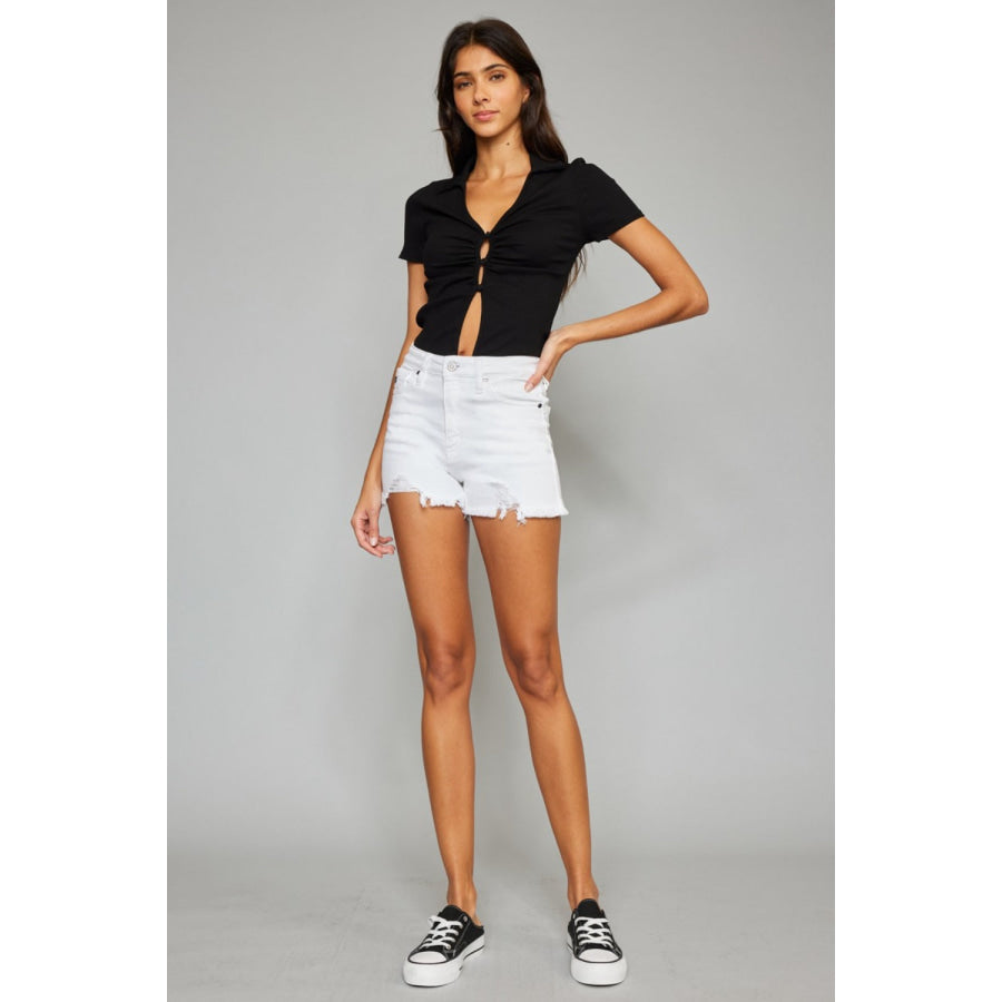 Kancan Full Size High Rise Frayed Hem Denim Shorts Apparel and Accessories