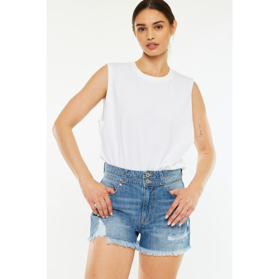 Kancan Full Size High Rise Raw Hem Denim Shorts Medium / Apparel and Accessories