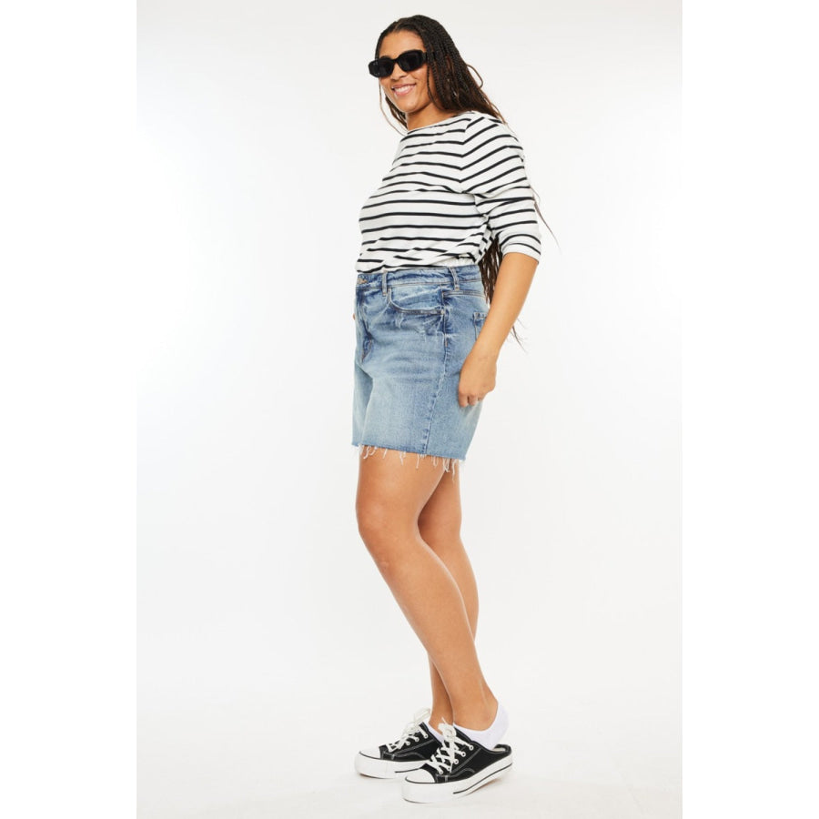 Kancan Full Size Raw Hem High Waist Denim Shorts Apparel and Accessories