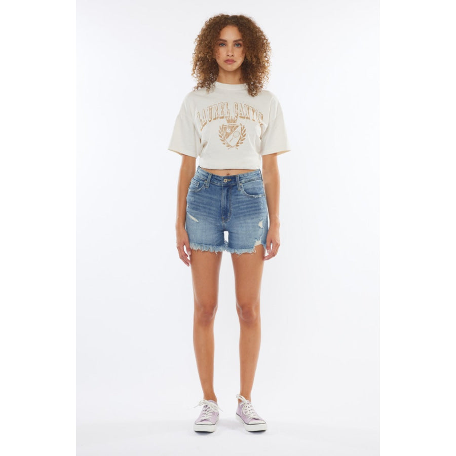 Kancan High Rise Frayed Hem Denim Shorts Apparel and Accessories