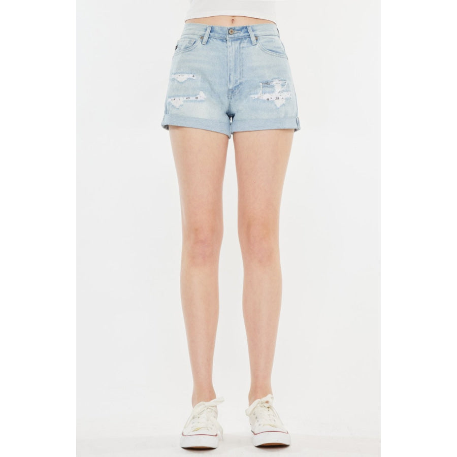 Kancan High Rise Repaired Mom Denim Shorts Apparel and Accessories