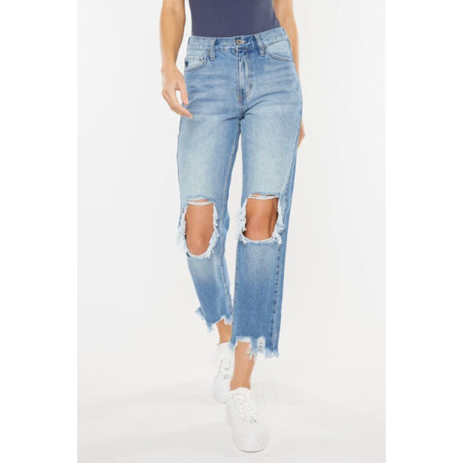 Kancan High Waist Chewed Up Straight Mom Jeans Apparel and Accessories