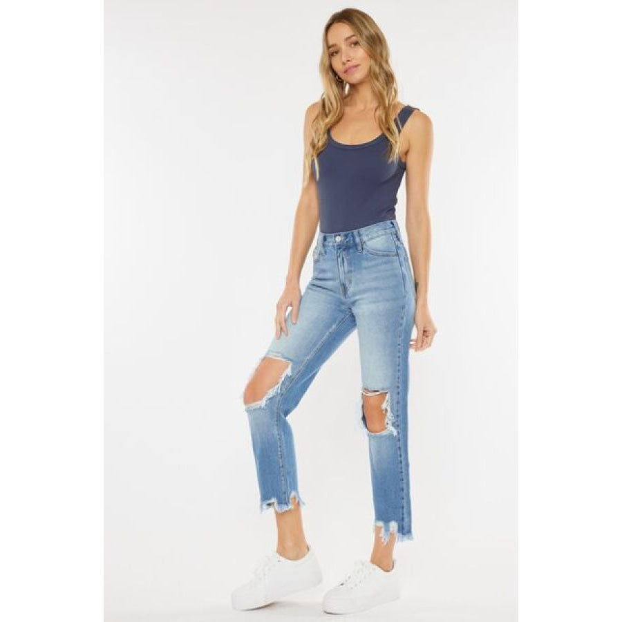 Kancan High Waist Chewed Up Straight Mom Jeans Apparel and Accessories