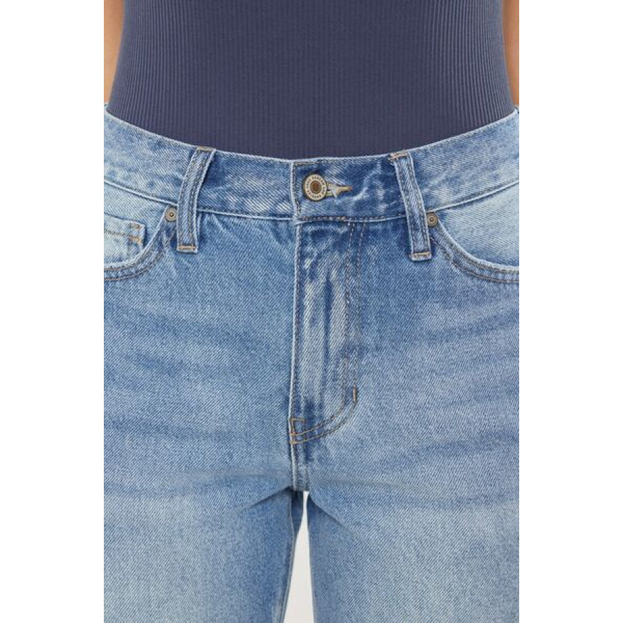 Kancan High Waist Chewed Up Straight Mom Jeans Apparel and Accessories