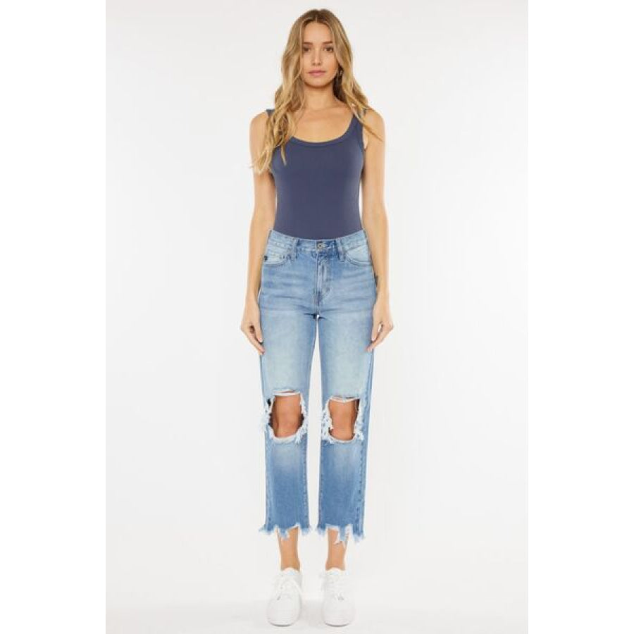 Kancan High Waist Chewed Up Straight Mom Jeans Apparel and Accessories