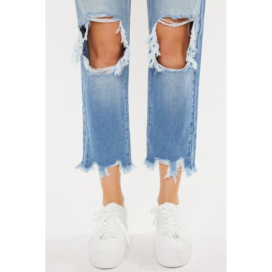 Kancan High Waist Chewed Up Straight Mom Jeans Apparel and Accessories