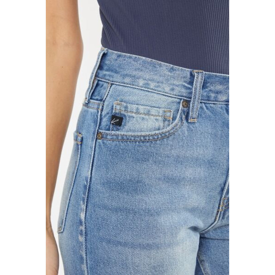 Kancan High Waist Chewed Up Straight Mom Jeans Apparel and Accessories