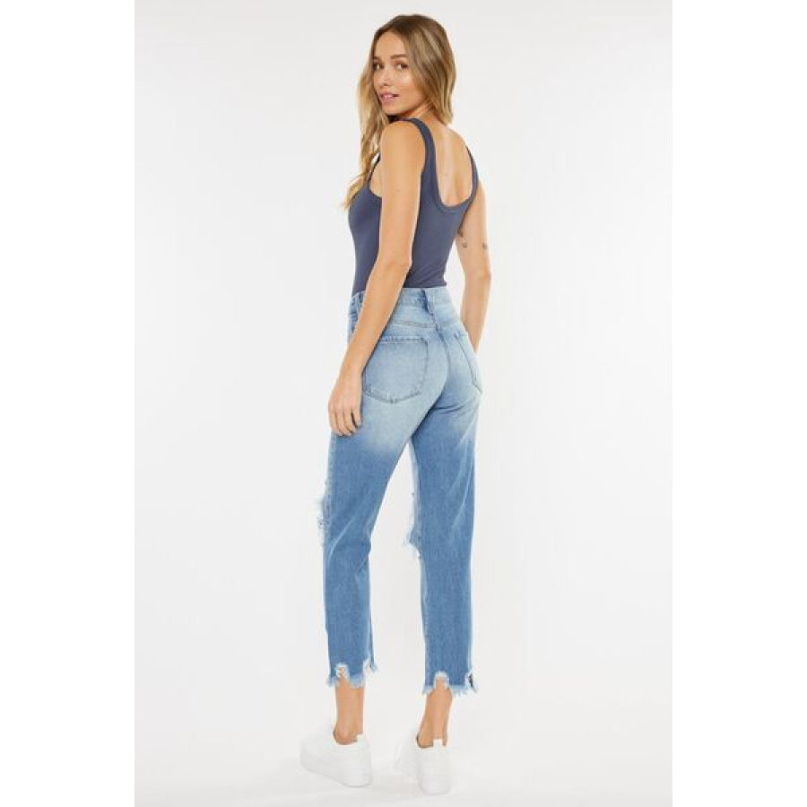 Kancan High Waist Chewed Up Straight Mom Jeans Apparel and Accessories