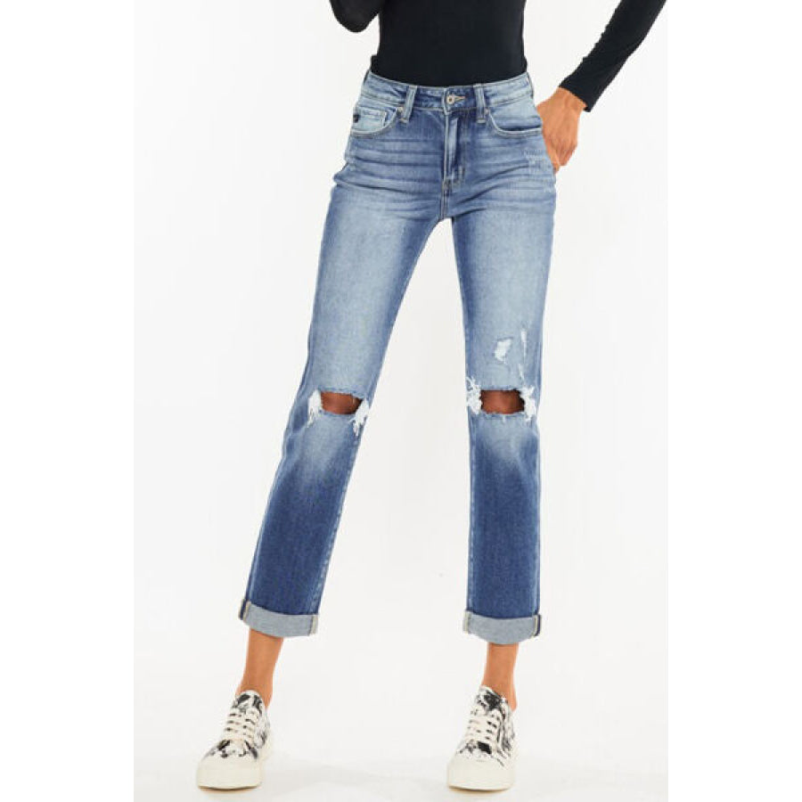 Kancan High Waist Distressed Hem Detail Cropped Straight Jeans Medium / Apparel and Accessories