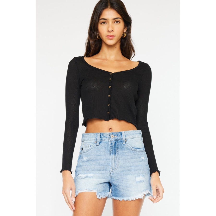 Kancan High Waist Frayed Denim Shorts Apparel and Accessories