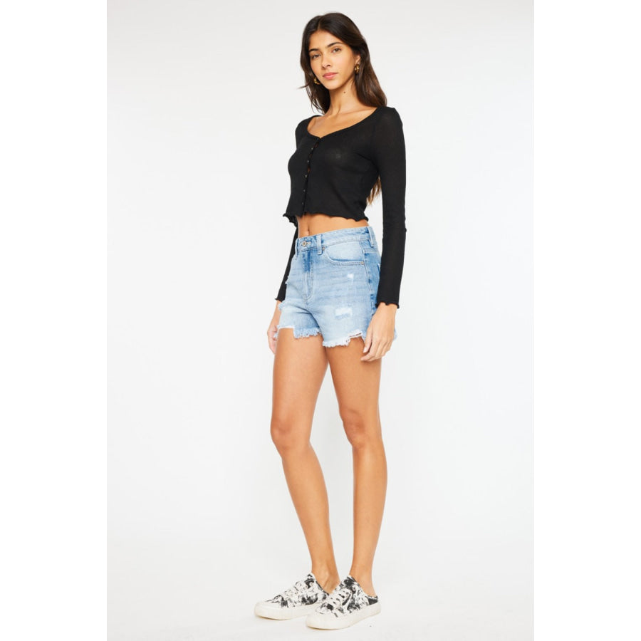 Kancan High Waist Frayed Denim Shorts Apparel and Accessories