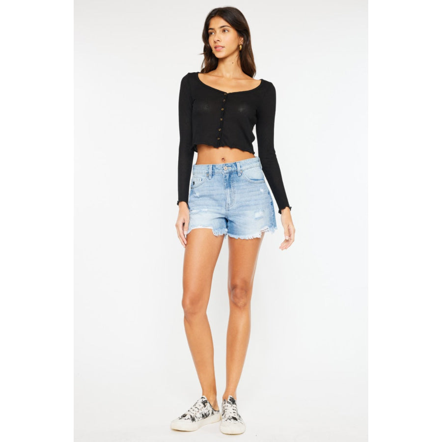 Kancan High Waist Frayed Denim Shorts Apparel and Accessories