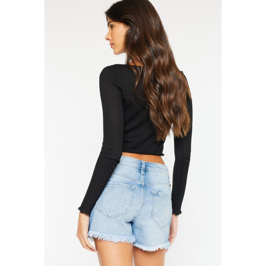 Kancan High Waist Frayed Denim Shorts Apparel and Accessories