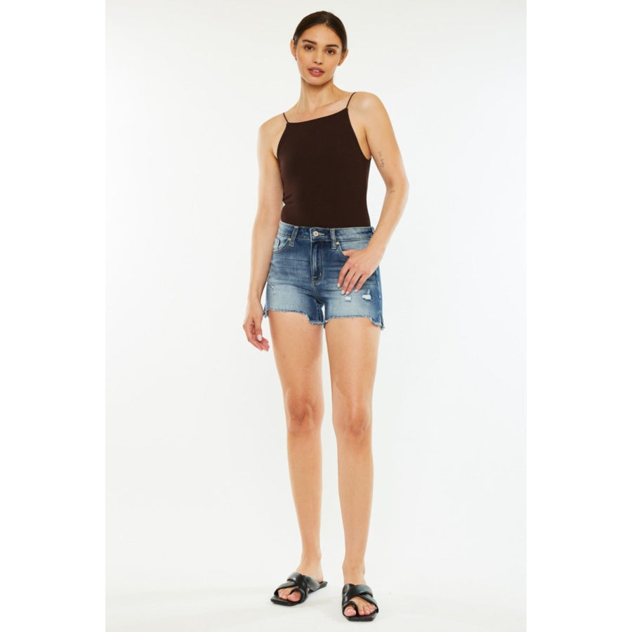 Kancan High Waist Raw Hem Denim Shorts Apparel and Accessories