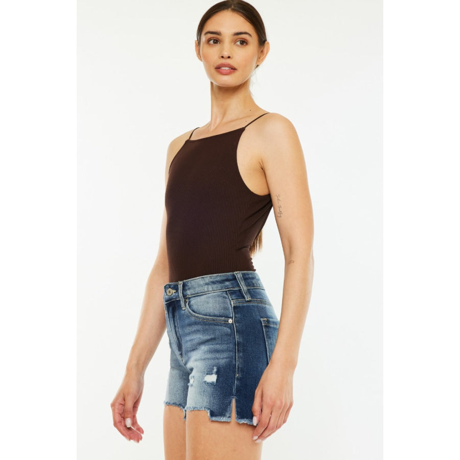 Kancan High Waist Raw Hem Denim Shorts Apparel and Accessories