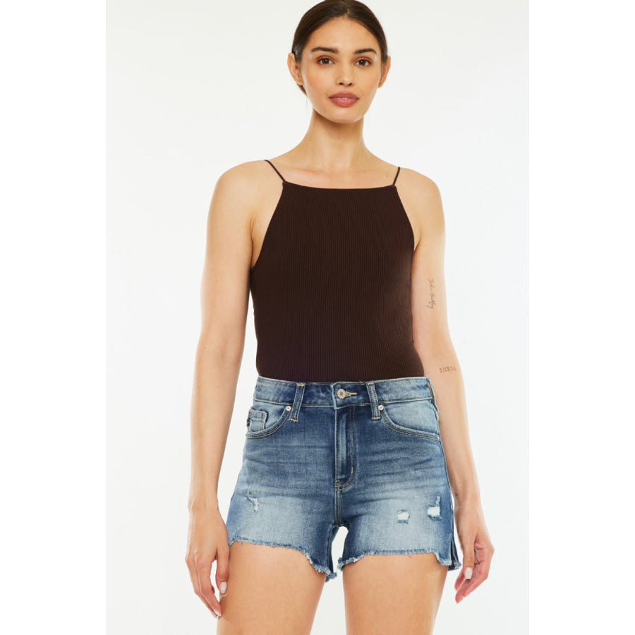 Kancan High Waist Raw Hem Denim Shorts Dark / S Apparel and Accessories