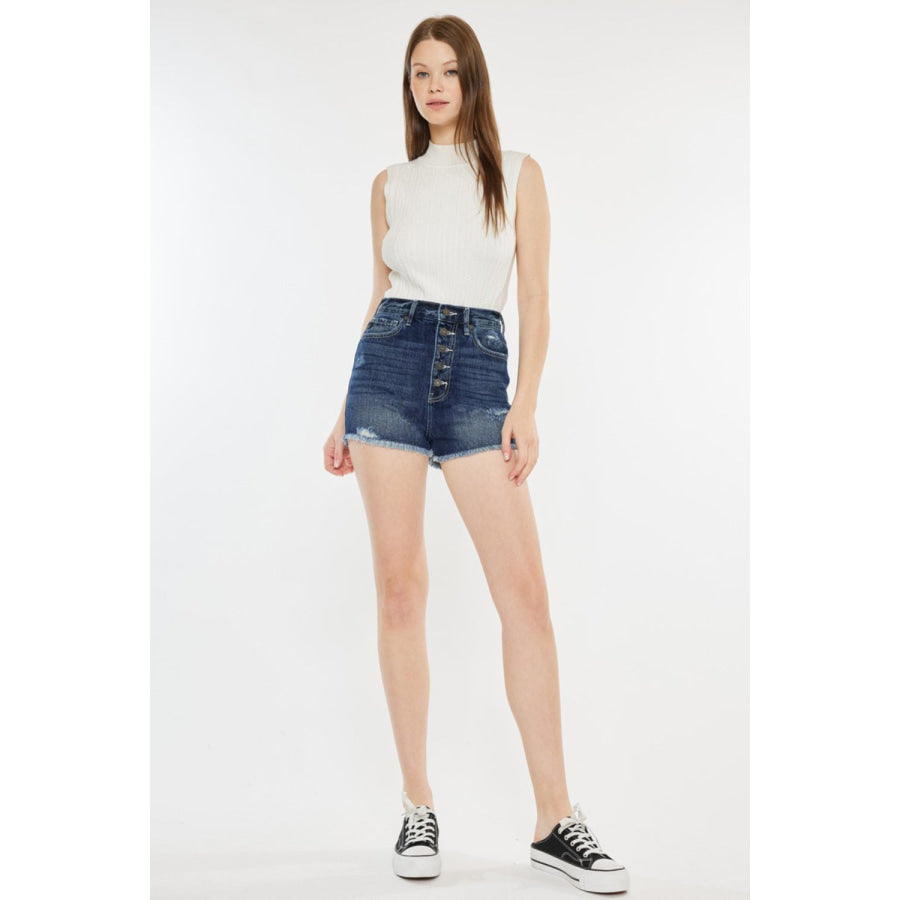 Kancan Raw Hem Button Fly Denim Shorts Apparel and Accessories