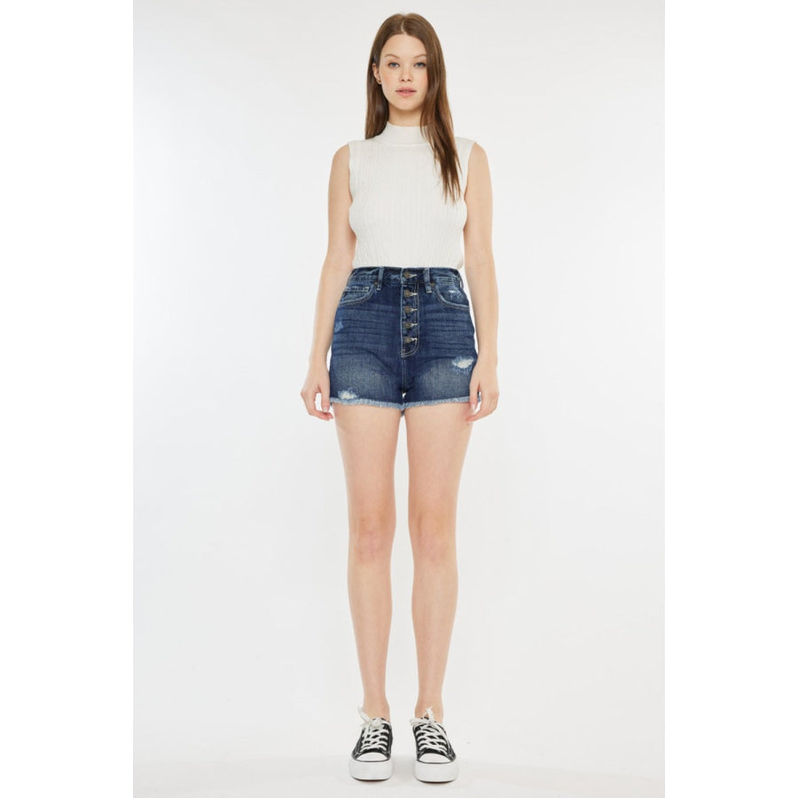 Kancan Raw Hem Button Fly Denim Shorts Apparel and Accessories