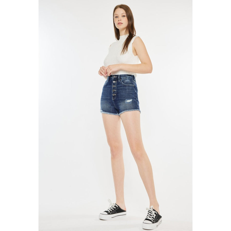 Kancan Raw Hem Button Fly Denim Shorts Apparel and Accessories