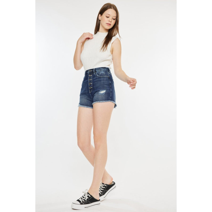 Kancan Raw Hem Button Fly Denim Shorts Apparel and Accessories